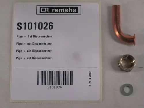 Remeha Disconnecteur mit Kupferbogen, Metallmutter und Dichtscheibe auf Produktkarte mit Artikelnummer S101026.